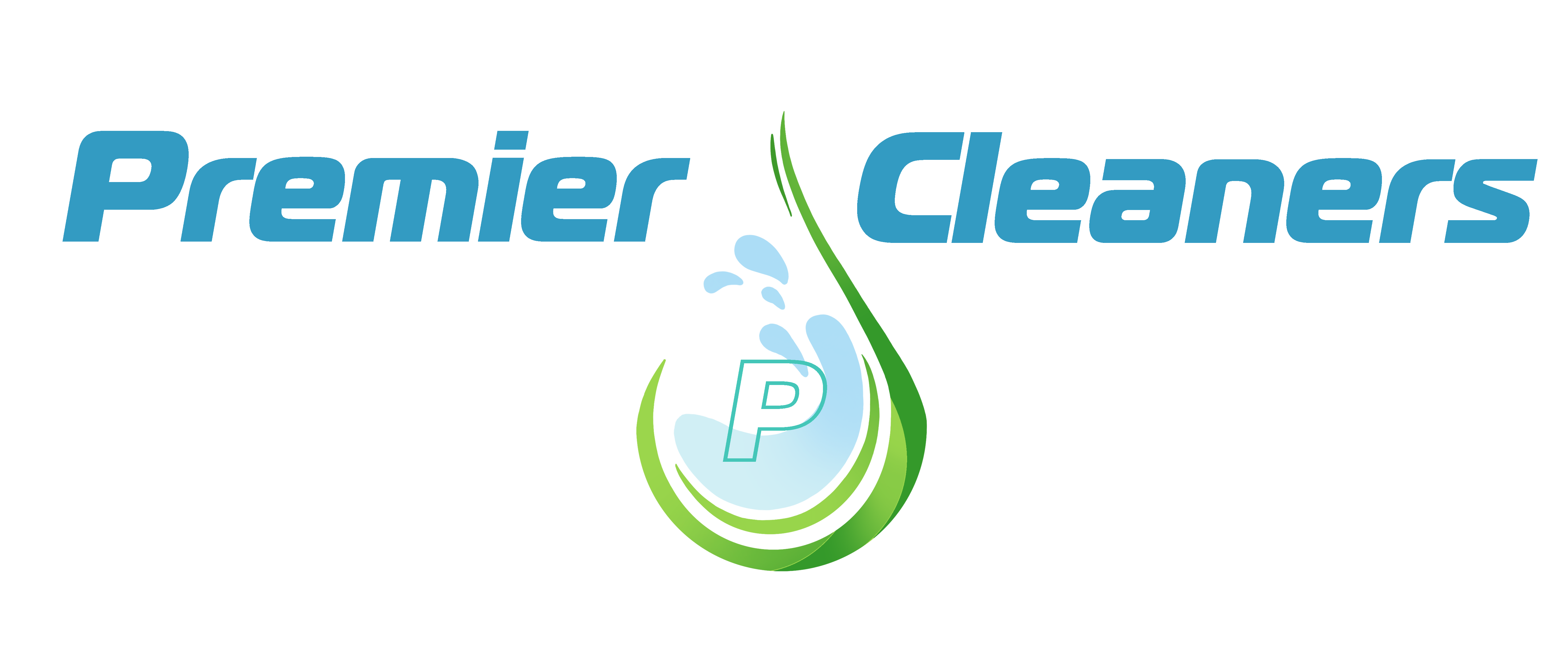 Logo of Premier Cleaners with a stylized text and a green and blue droplet design in the center.