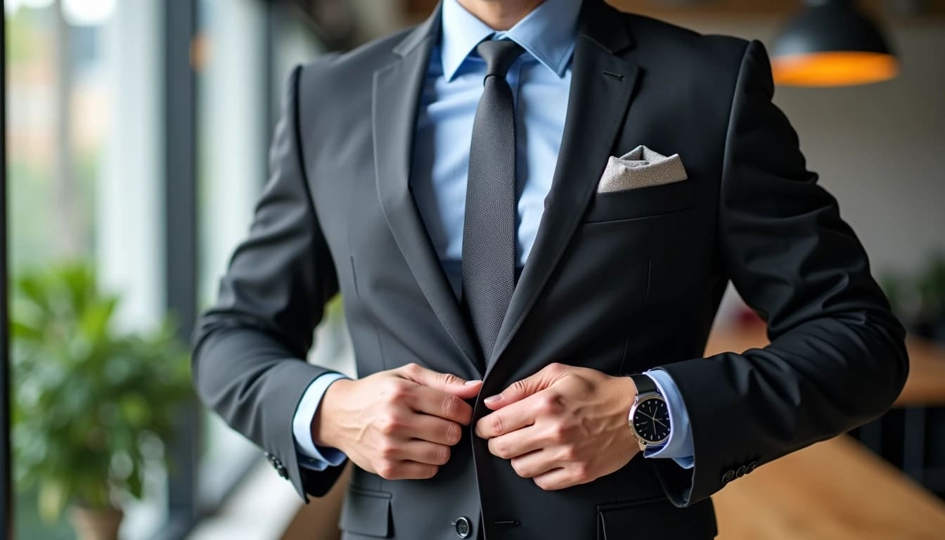 Person in a formal suit adjusting their jacket, wearing a watch, with plants and a lamp in the background.