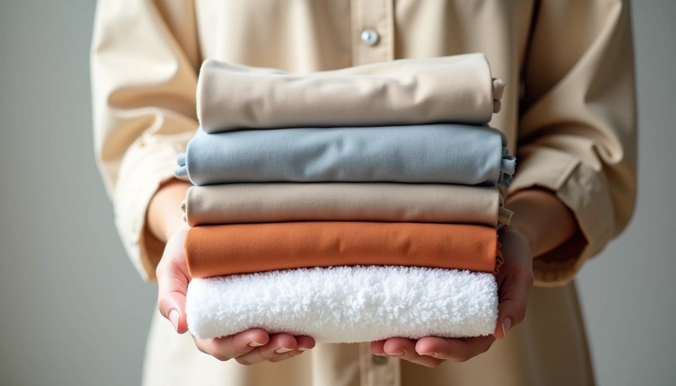 Person holding a neat stack of folded clothes in various colors, including beige, gray, orange, and white, against a plain background.