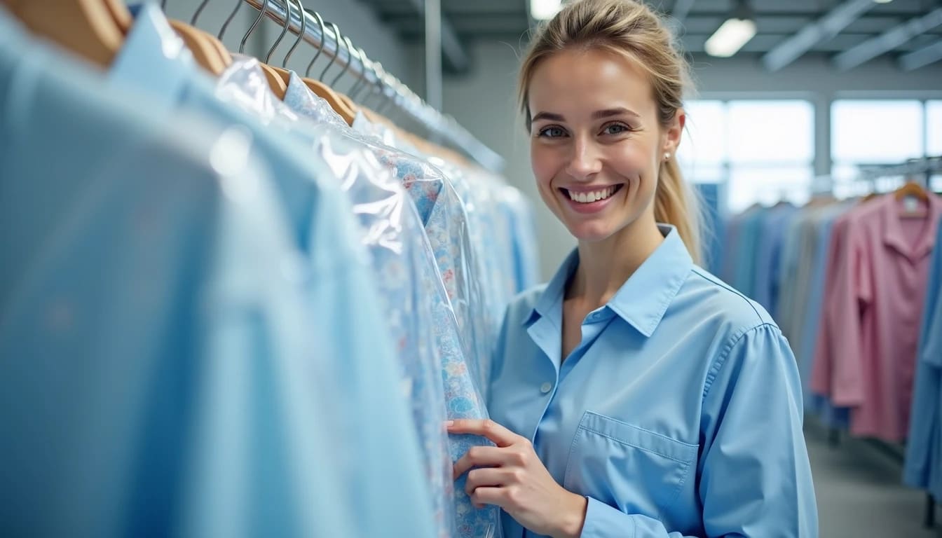 A woman in a light blue shirt smiles while standing next to a rack of hanging clothes, some covered in plastic.