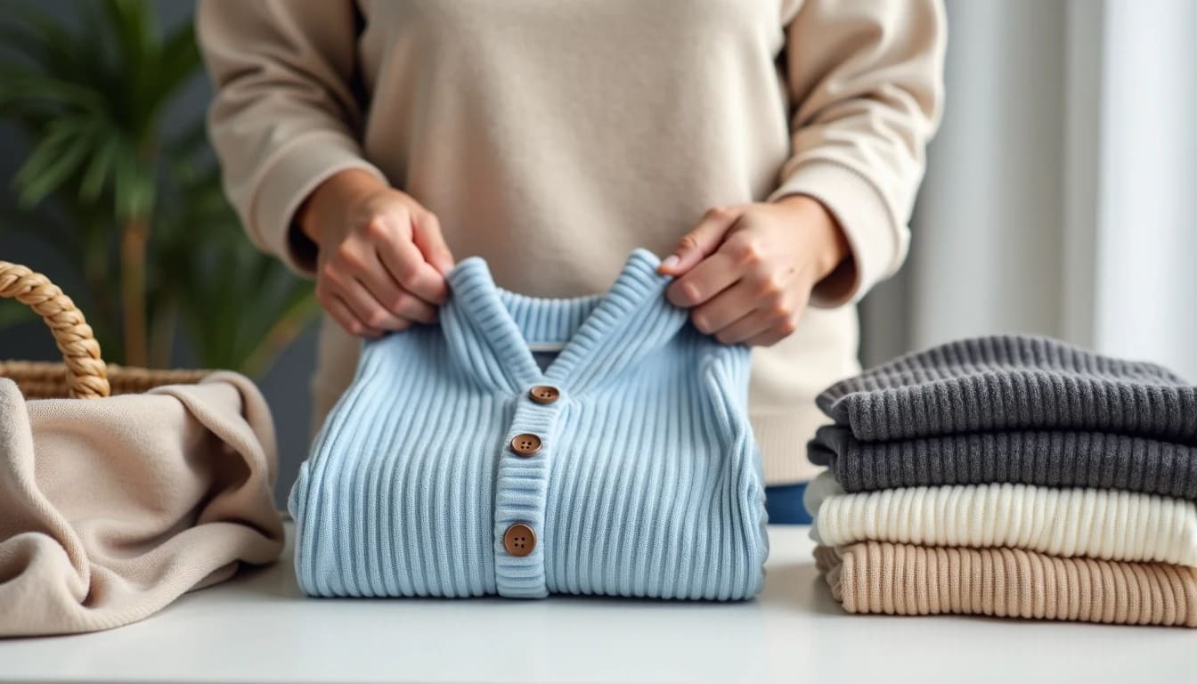Person folding a blue ribbed sweater with brown buttons, next to a stack of folded sweaters in gray, cream, and beige. A basket and a plant are in the background.