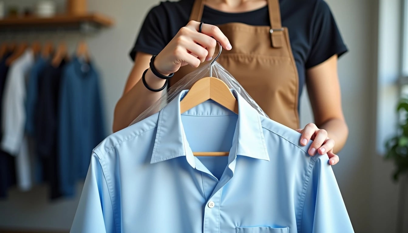 Person in an apron holds a hanger with a blue dress shirt covered in plastic, in a room with hanging clothes blurred in the background.