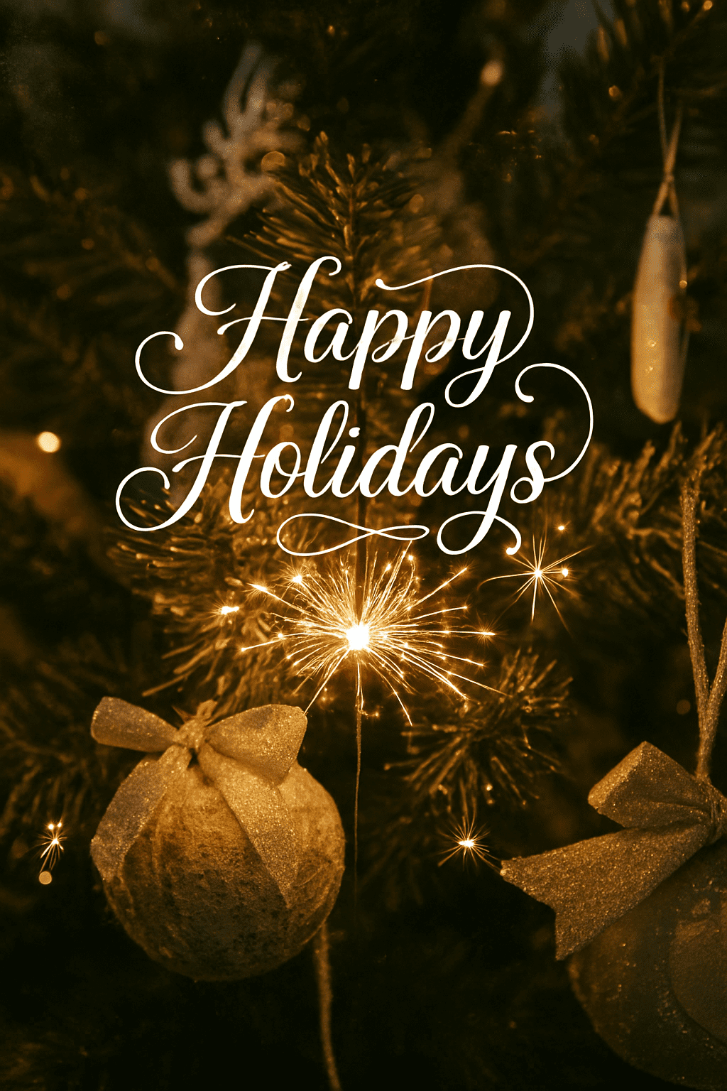 A lit sparkler glows on a decorated Christmas tree with ornaments and a "Happy Holidays" message overlayed in white script.