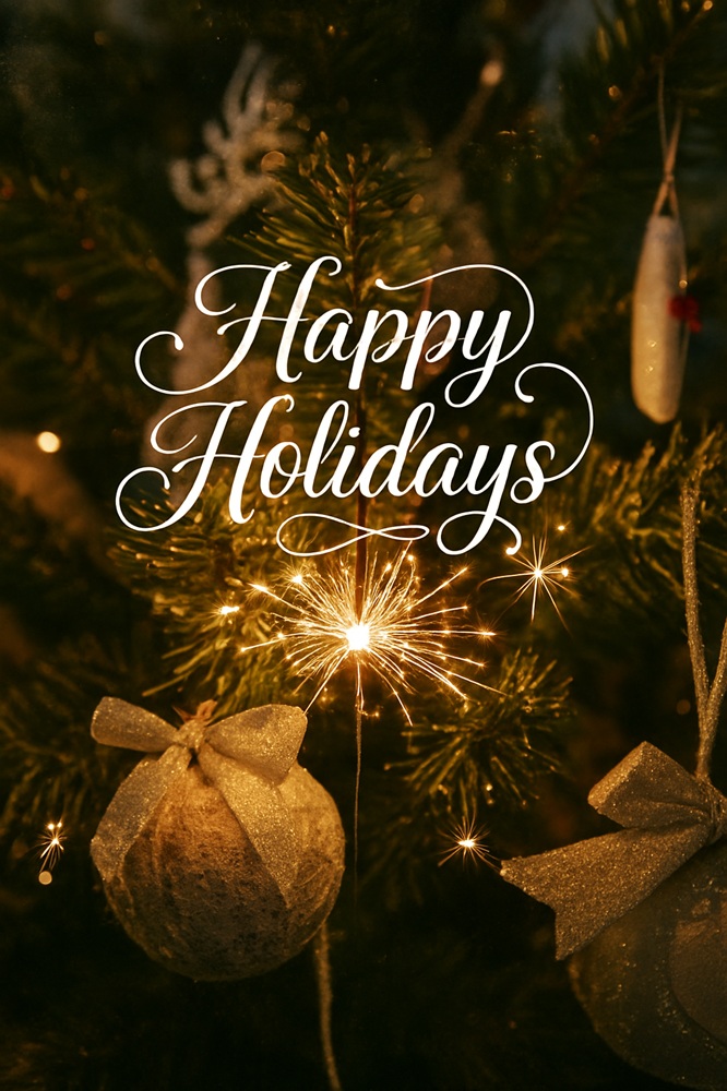 A lit sparkler and ornaments decorate a Christmas tree with the text "Happy Holidays" in the center.