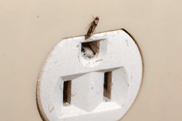 A small insect is perched on the top edge of a white electrical outlet cover against a beige wall.